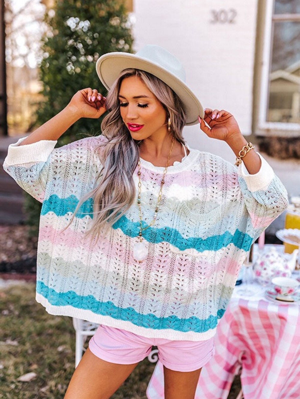 1.4.3. Story by Line Up Cream Open-Knit Sweater with Pink, Sage & Teal Stripes